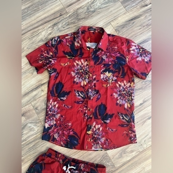 Men's Mcedar Button Down Short Sleeve Hawaiian Shirt and short set Sz m - Picture 2 of 6
